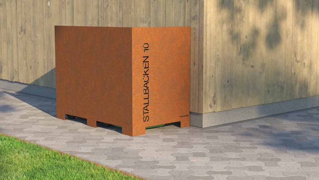 Soptunneskydd i metall laserskuret med adress i miljö Duo2_vägg Höger_Corten_WidalDesign_